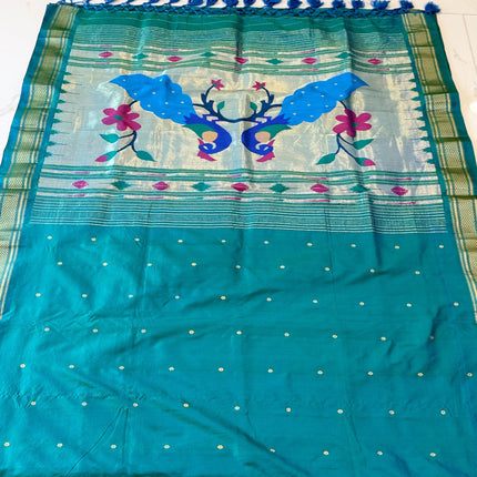 Authentic Maharani Paithani from Yeola| 100% handwoven Pure Silk saree in Seagreen  with light Rama border|Silk Mark Certified
