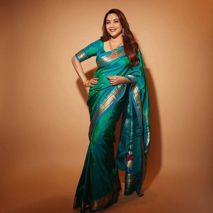 Authentic Maharani Paithani from Yeola| 100% handwoven Pure Silk saree in Seagreen  with light Rama border|Silk Mark Certified