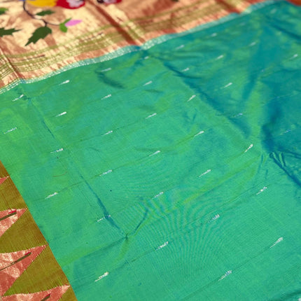 Authentic Designer Diamond shape Border Paithani from Yeola| Pure Silk saree in   with Seagreen  with Gold  border|Silk Mark Certified