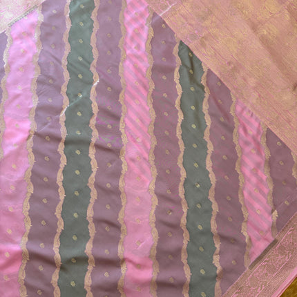 Banarasi Rangkat Silk Saree |Stripes small motif weaving all over Pink/Grey/Light Lavender intricate border| fall pico tassels done