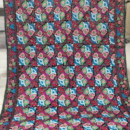 Special sale! Papier Mache Jamma Stole - 100% Hand Embroidered Luxurious Warmth Pure wool Kashmiri Wrap scarf/ Shawl Multicolor on black