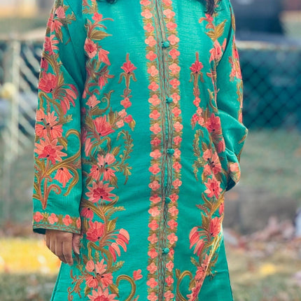 Luxury Aari /Tussar Silk Ladies long Jacket | woven Kashmir Artwear | Statement fashion wear | Kashmir Winter Dresses|kneee length| size 42