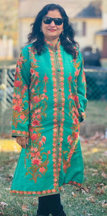 Luxury Aari /Tussar Silk Ladies long Jacket | woven Kashmir Artwear | Statement fashion wear | Kashmir Winter Dresses|kneee length| size 42