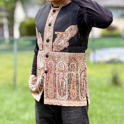 Kani pashmina Jamawar  MENS WOVEN Paisley waistcoats, structured slim fit |Black  foundation | Statement fashion wear| size 36,44,46,48