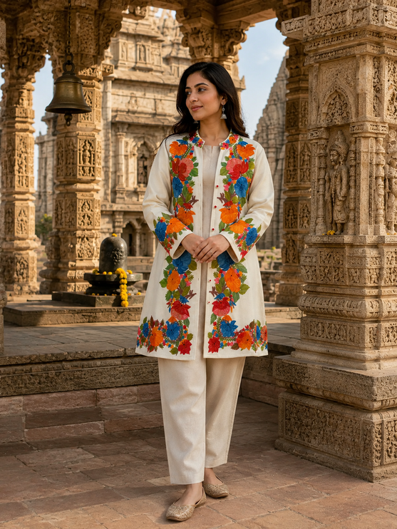 Handmade Wool Coat | Aari Embroidered Designer Jacket, Size 46