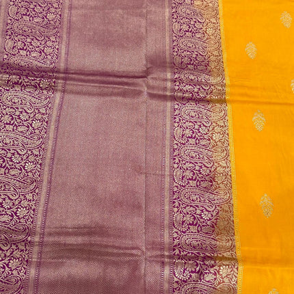 Pure Banarasi Kaduwa Silk Saree | Motifs weaving and bright yellow/magenta  border | Hand Woven | Lock weaving| Silk Mark certified