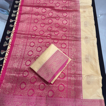 Pure Banarasi Kaduwa Silk Saree | Motifs weaving and beige pearl / dusty pink  border | Hand Woven | Lock weaving| Silk Mark certified