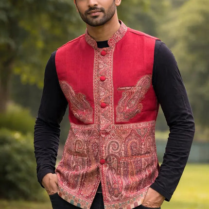 Mens Kani Pashmina Waistcoat, Woven Paisley, Indian Fashion