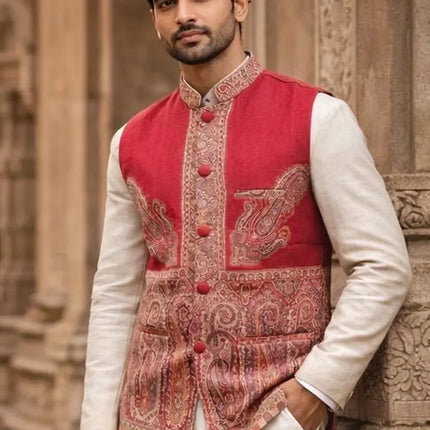 Mens Kani Pashmina Waistcoat, Woven Paisley, Indian Fashion