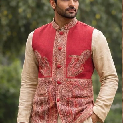 Mens Kani Pashmina Waistcoat, Woven Paisley, Indian Fashion