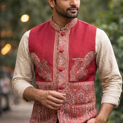 Mens Kani Pashmina Waistcoat, Woven Paisley, Indian Fashion