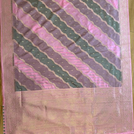 Banarasi Rangkat Silk Saree |Stripes small motif weaving all over Pink/Grey/Light Lavender intricate border| fall pico tassels done