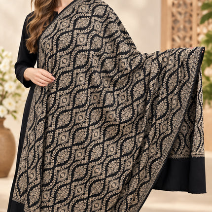 Black Kashmiri Jaal embroidered shawl with white embroidery, worn