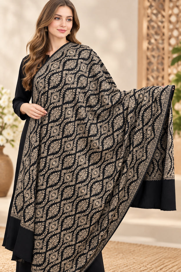 Black Kashmiri Jaal embroidered shawl with white embroidery, worn
