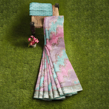 Banarasi satin silk saree  with Rangkat weaving all over the saree paired with satin silk blouse|Pista pink lavender