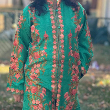 Luxury Aari /Tussar Silk Ladies long Jacket | woven Kashmir Artwear | Statement fashion wear | Kashmir Winter Dresses|kneee length| size 42