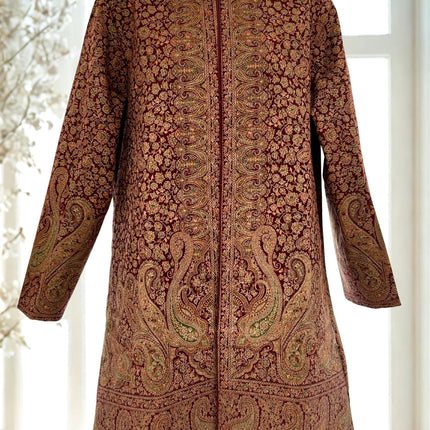 Luxury Kani/Jamawar wool jari Ladies Jacket | woven Kashmir Artwear | Statement fashion wear | all season Dresses|long maroon| size 44