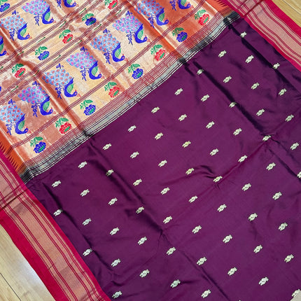 Authentic Maharani Paithani from Yeola| 100% handwoven Pure Silk saree in Maroon Color with light Deep Red border|Silk Mark Certified