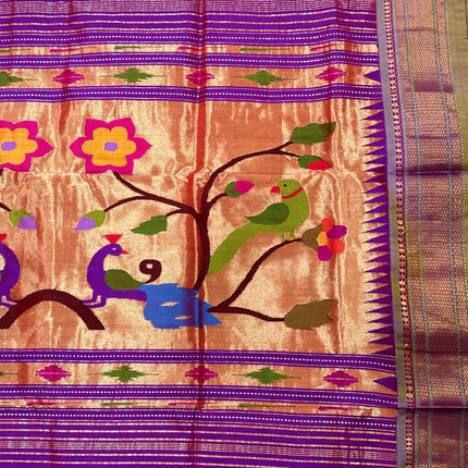 Authentic Maharani Paithani from Yeola| 100% handwoven Pure Silk saree in Magenta Color with light Olive border|Silk Mark Certified