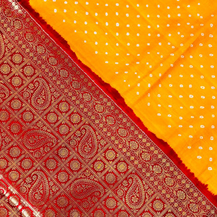 Pure Banarasi Katan Silk Saree | Bandhani Dana weaving and  yellow/Red  border | Hand Woven | Lock weaving| Silk Mark certified