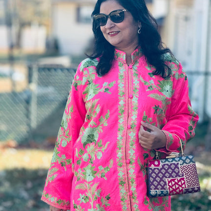 Luxury Aari /Tussar Silk Ladies long Jacket | woven Kashmir Artwear | Statement fashion wear | Kashmir Winter Dresses|kneee length| size 42