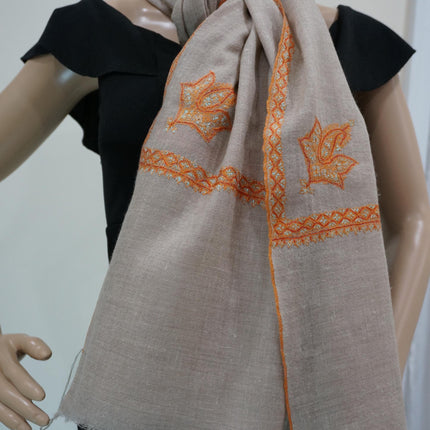 Premium Pashmina Shawl with Intricate Border with fine hand embroidery|Very Soft| 100% Pure Pashmina Handmade Shawl | natural pashmina color