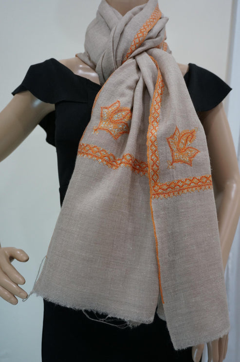 Premium Pashmina Shawl with Intricate Border with fine hand embroidery|Very Soft| 100% Pure Pashmina Handmade Shawl | natural pashmina color
