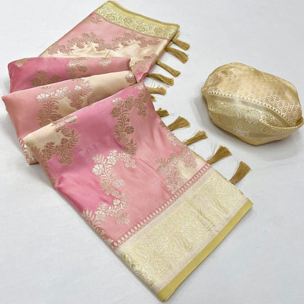 Banarasi PINK & BEIGE woven RANGKAT satin silk saree paired with satin silk blouse