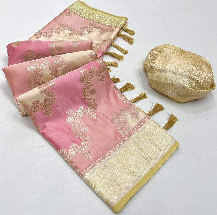 Banarasi PINK & BEIGE woven RANGKAT satin silk saree paired with satin silk blouse