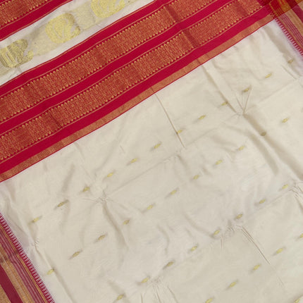 Original Narayan Peth Silk Saree from Yeola(With Unstitched Blouse Piece) - Pearle white | Carrot Red Border Pallu