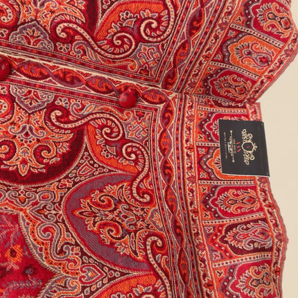 Kani Jamawar women's short winter jacket, red paisley, fabric and button closeup