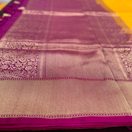 Pure Banarasi Kaduwa Silk Saree | Motifs weaving and bright yellow/magenta  border | Hand Woven | Lock weaving| Silk Mark certified