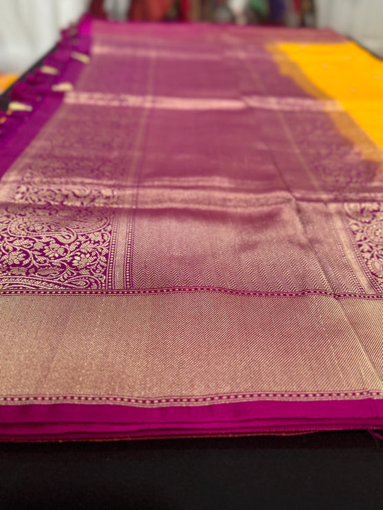 Pure Banarasi Kaduwa Silk Saree | Motifs weaving and bright yellow/magenta  border | Hand Woven | Lock weaving| Silk Mark certified