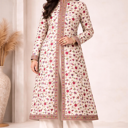 Long Aari Work Jacket | White and Colorful | Aari Work | Size 48