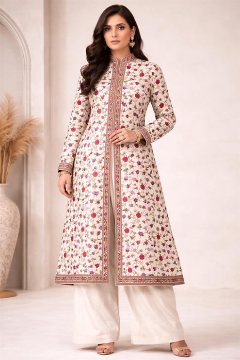 Long Aari Work Jacket | White and Colorful | Aari Work | Size 48
