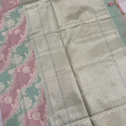 Handloom Banarasi Linen cotton saree  with Rangkat handloom weaving all over the saree | paired with  blouse | Pink/Pista light gold zari