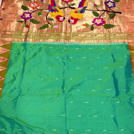 Authentic Designer Diamond shape Border Paithani from Yeola| Pure Silk saree in   with Seagreen  with Gold  border|Silk Mark Certified