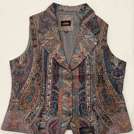 Kani Jamawar ladies lapel waistcoat, multi-colour paisley, front view