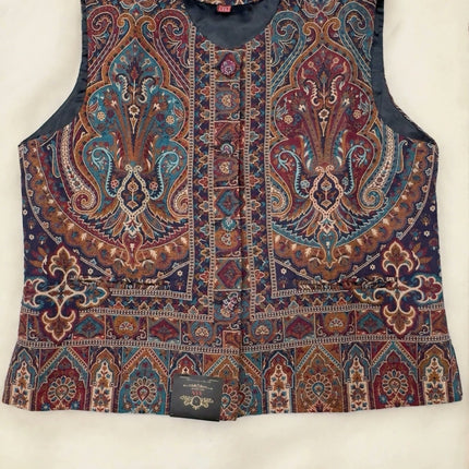 Kani Jamawar women's waistcoat, navy paisley, front view