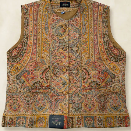 Kani Jamawar women's kurta waistcoat, gold paisley, front view