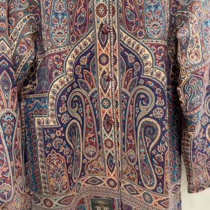 Kani Jamawar women's short winter jacket, navy teal paisley, front and button closeup