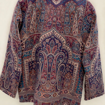 Kani Jamawar women's short winter jacket, navy teal paisley, back view