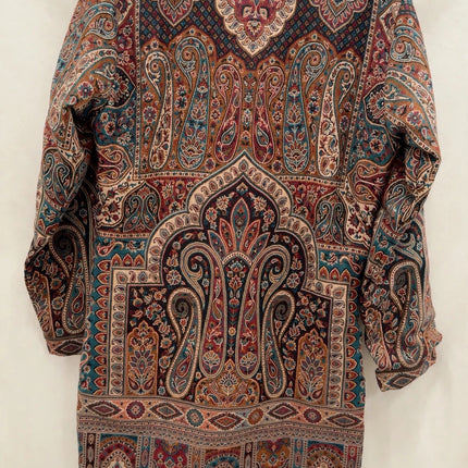 Kani Jamawar women's winter jacket, brown teal paisley, back view