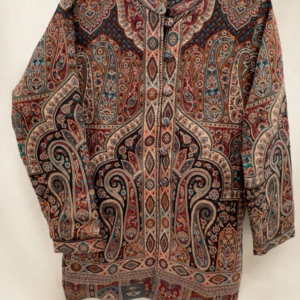 Kani Jamawar women's winter jacket, brown teal paisley, front view