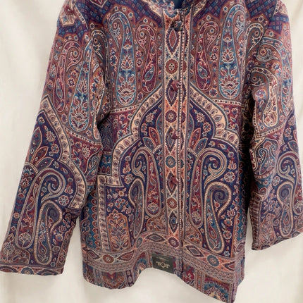 Kani Jamawar women's short winter jacket, navy teal paisley, front view