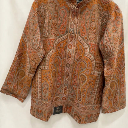 Kani Jamawar women's short winter jacket, orange paisley, front view