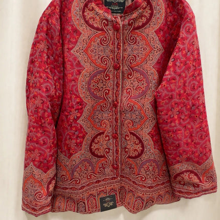 Kani Jamawar women's short winter jacket, red paisley, front view