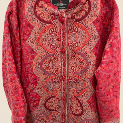 Kani Jamawar women's short winter jacket, red paisley, collar and buttons