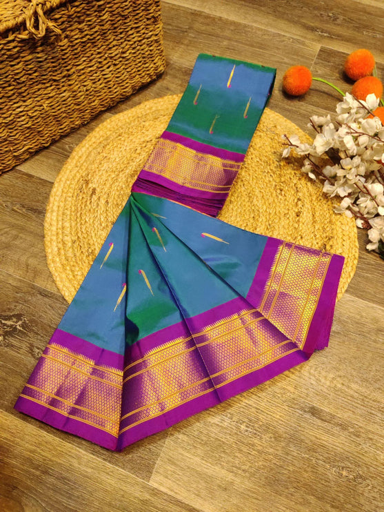 Authentic Muniya Motifs Paithani from Yeola| Pure Silk saree in with Rama Blue with magenta purple Gold border|Silk Mark Certified