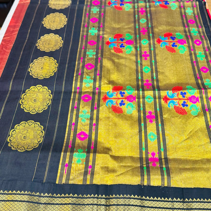 Authentic Paithani from Yeola | 100% handwoven Pure Silk saree |Red with Black border|Kadiyal Maharani|Silk Mark Certified